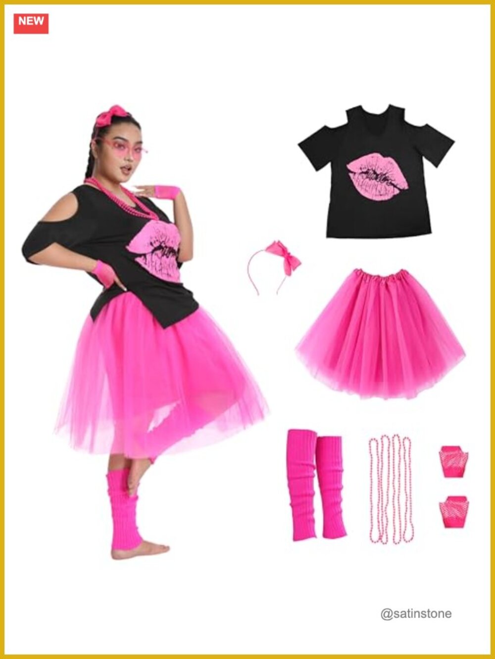 Plus Size 80s Costume Set Cold Shoulder Tee Tutu Leg Warmers Mesh Gloves